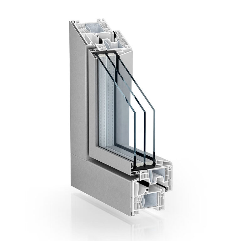 Kömmerling 76 MD AluClip Zero – corner section with flush aluminium cladding, official render