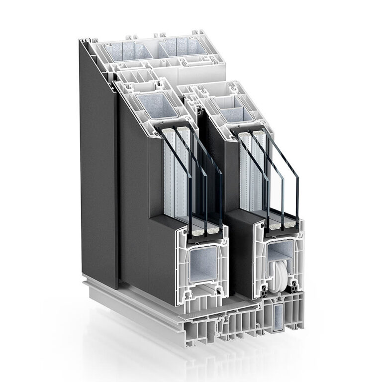 Kömmerling PremiDoor 76 AluClip – corner section with aluminium cladding, official render