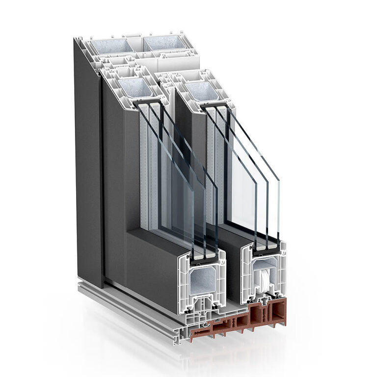 Kömmerling PremiDoor 88 AluClip – corner section with aluminium cladding, official render