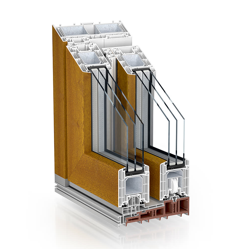 Kömmerling PremiDoor 88 – secțiune de colț a sistemului de ridicare-culisare, render oficial