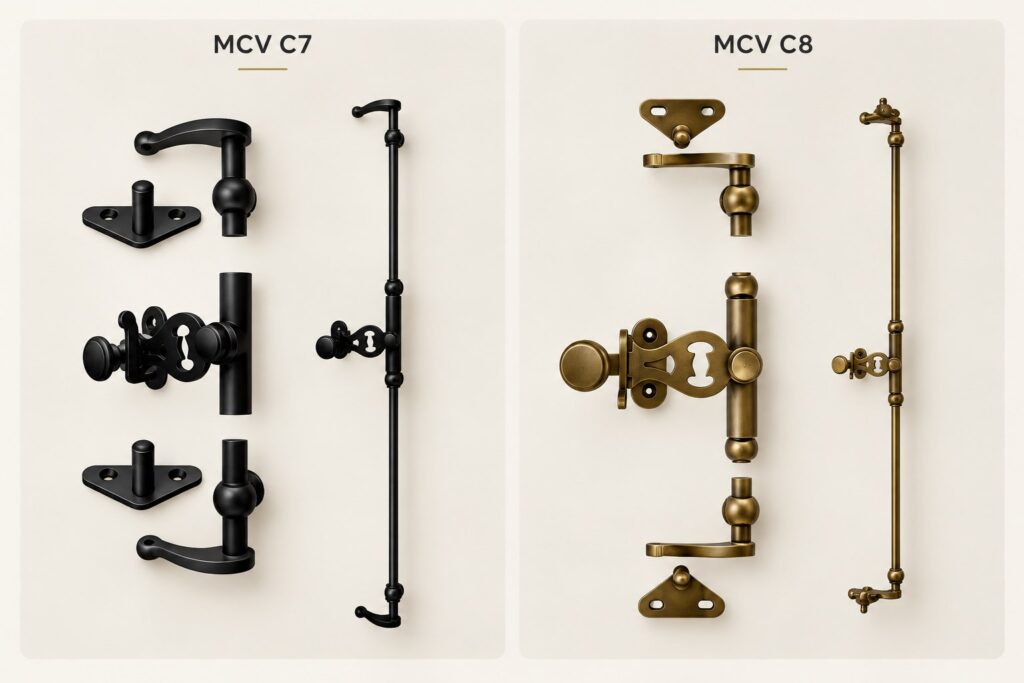 Decorative espagnolette sets MCV C7 and C8, with lever, rose and rod
