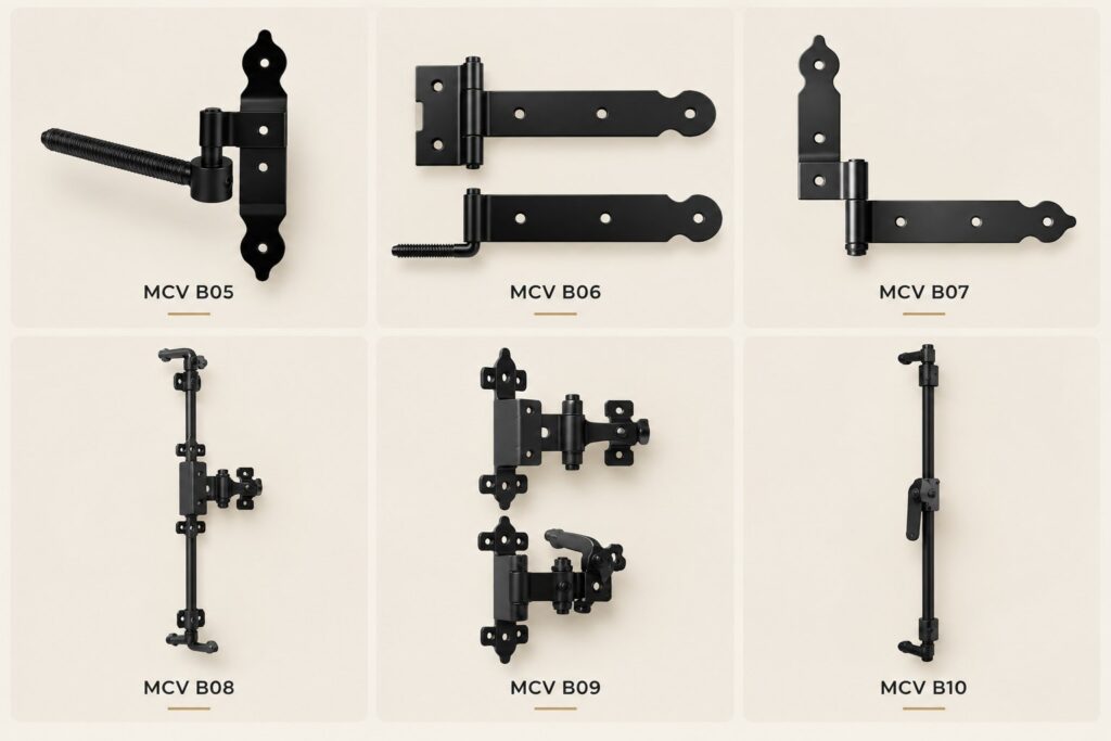 Timber shutter hardware MCV B05-B10: hinges, stays, bolts and catches