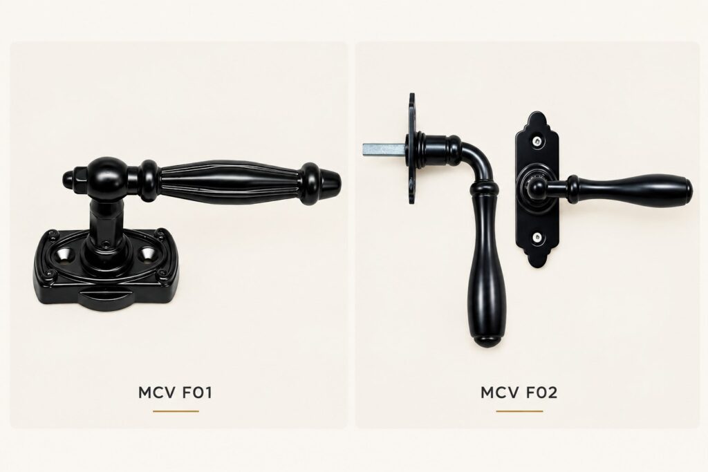 Decorative window handles MCV F01 and F02, with an operating spindle