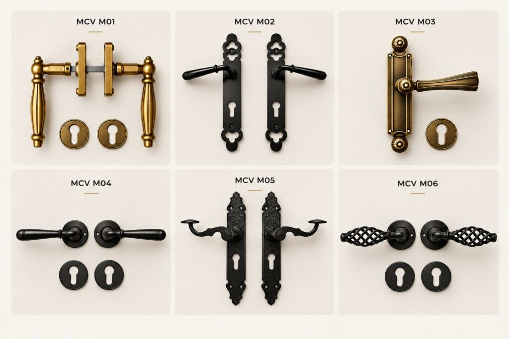 Decorative door handles MCV M01-M06, with backplates and roses