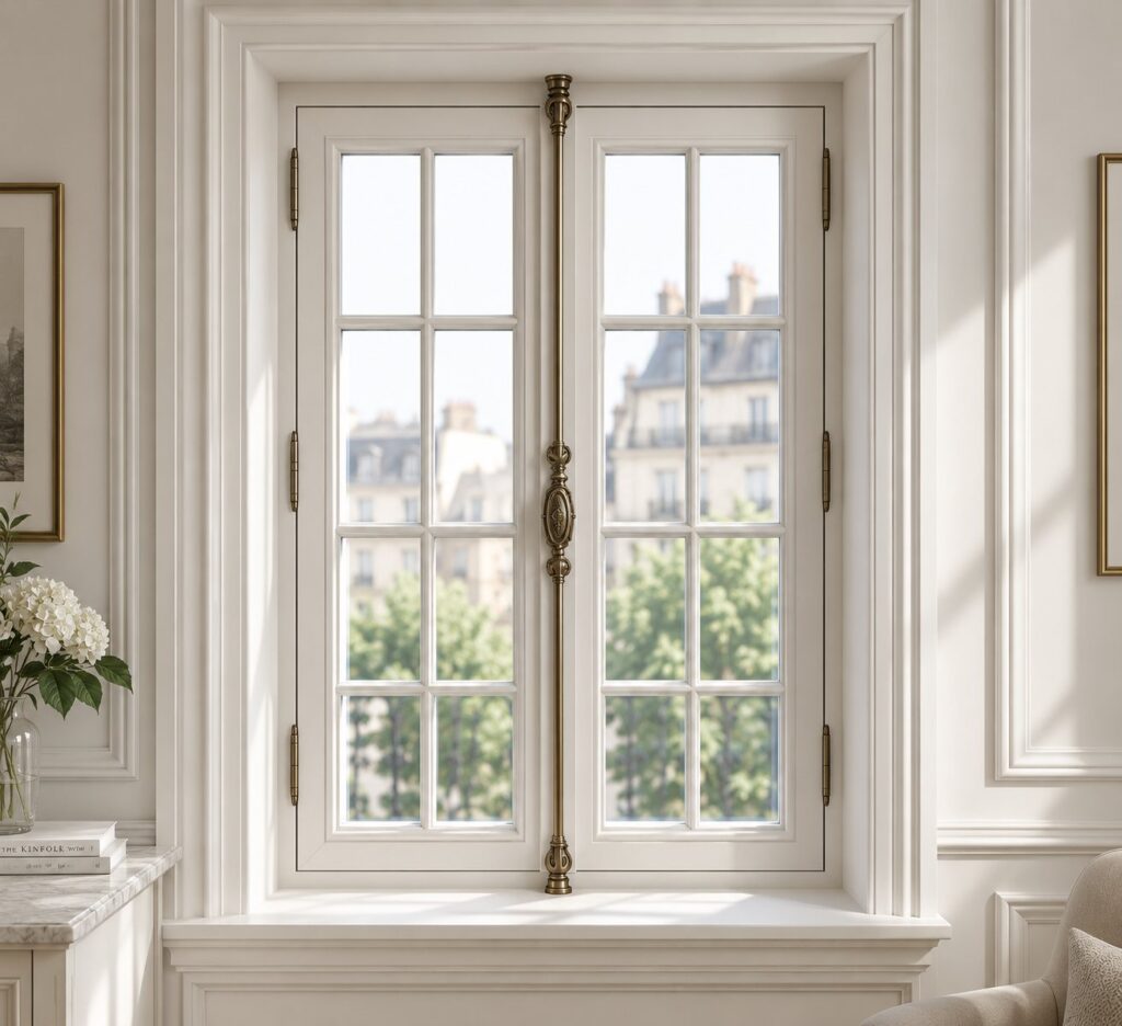 A white timber Gueule de Loup window, with two sashes, glazing bars and an espagnolette fitted on the inside