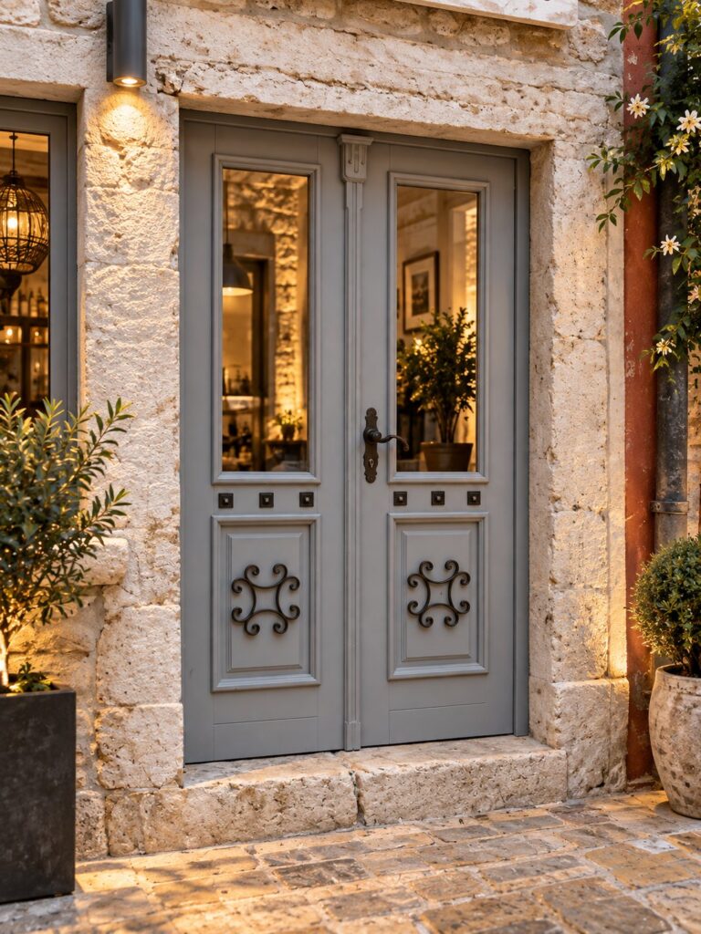 An external timber door with decorative panels and a glazed section, made to the project