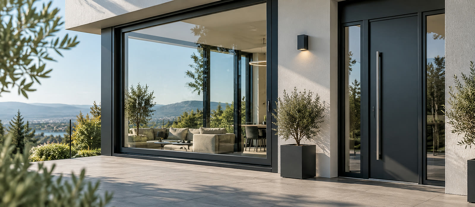 Large aluminium glazed area and an entrance door with anthracite profiles, on the terrace of a contemporary house