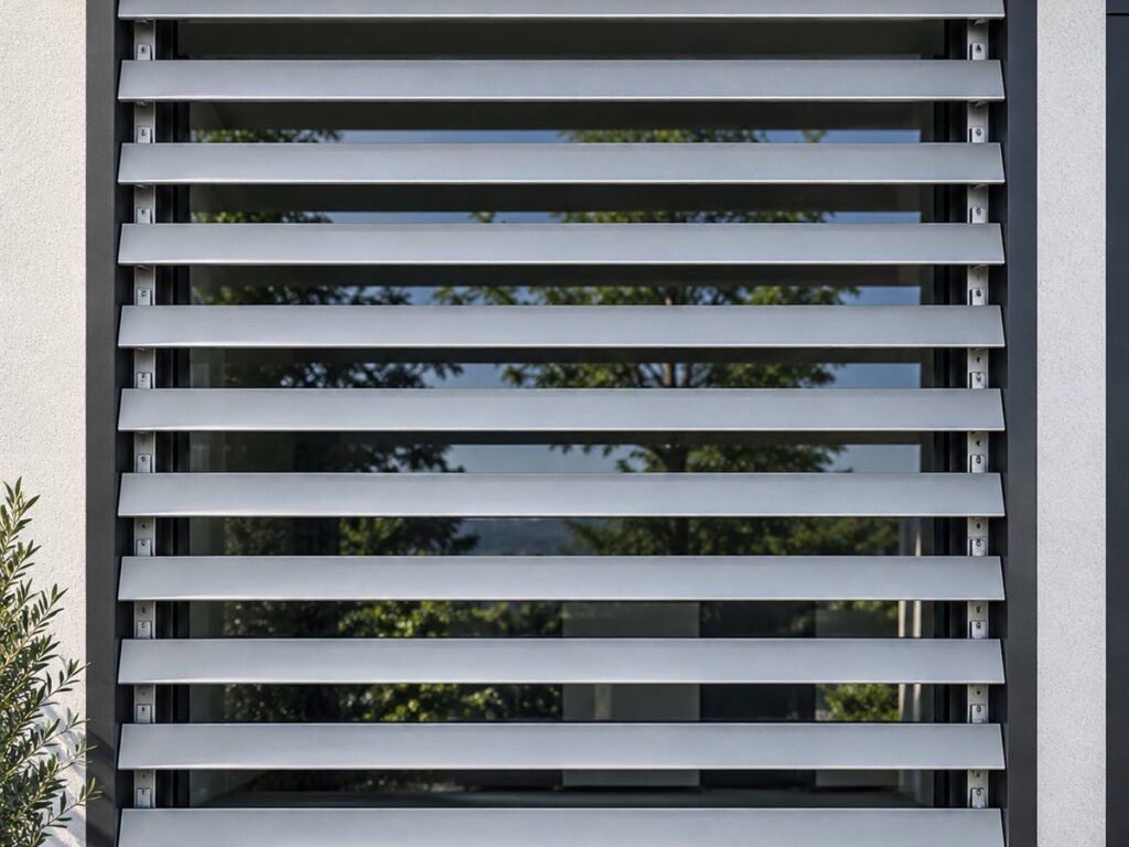 Fixed aluminium louvre screen, fitted as a second skin over glazing