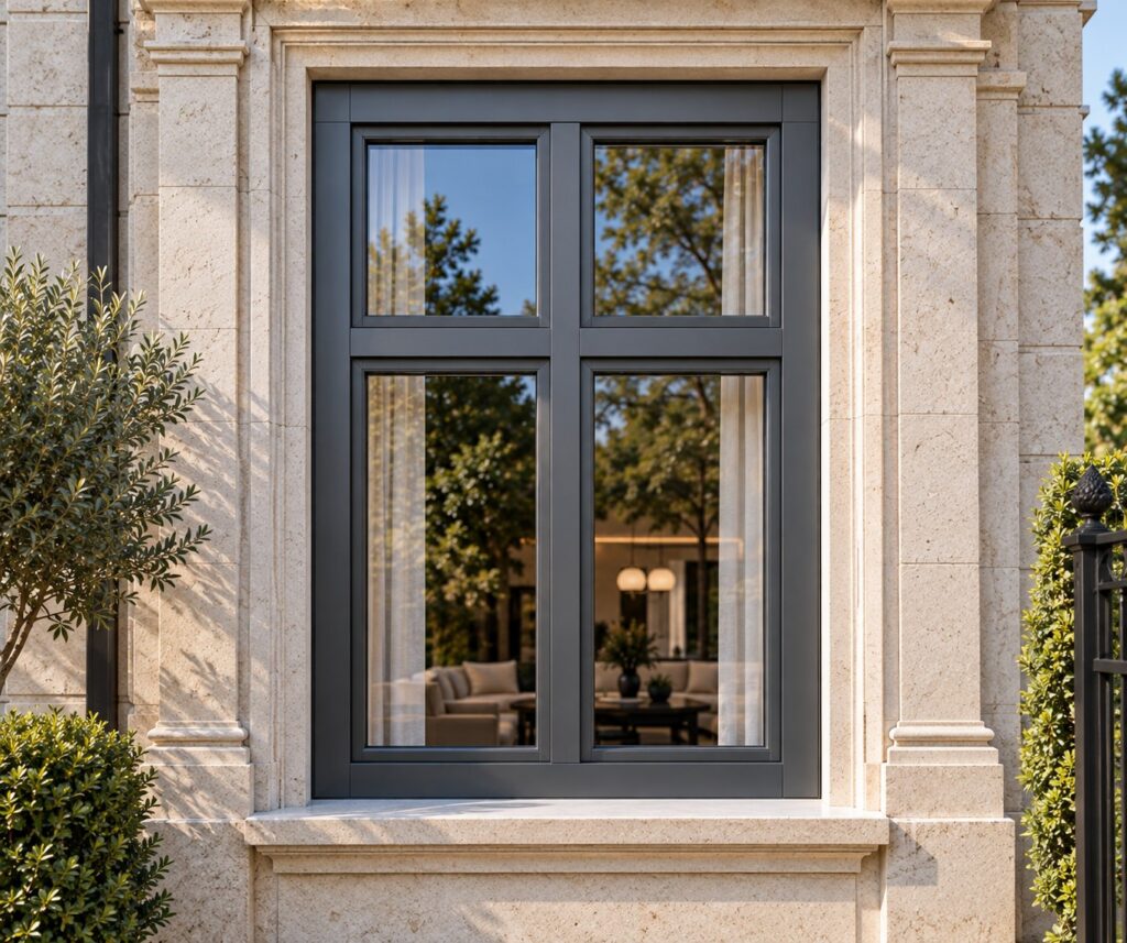 A laminated timber window clad externally with aluminium cappings in the GUTMANN MIRA system, anthracite finish, in a stone façade