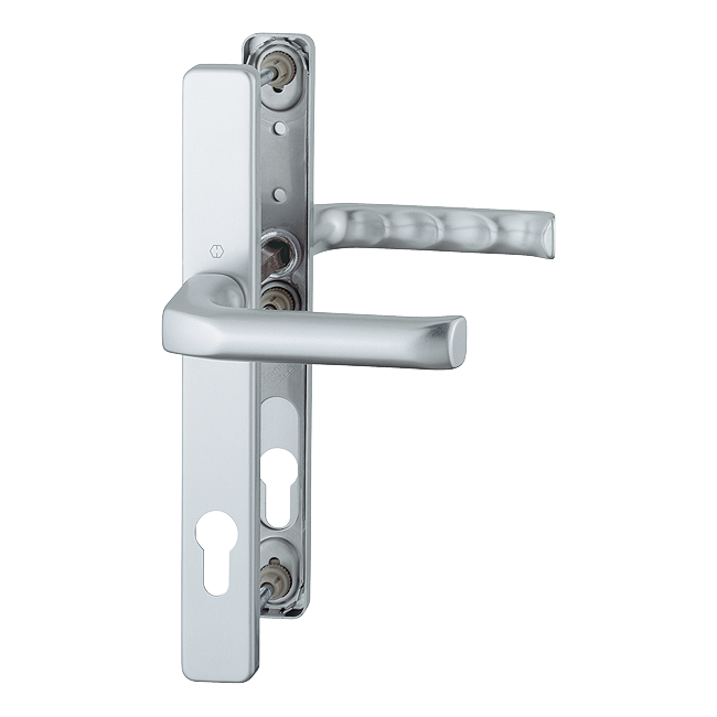 Set de mânere HOPPE London 113/2246 pe șild îngust, finisaj F1 aluminiu cu efect argintiu