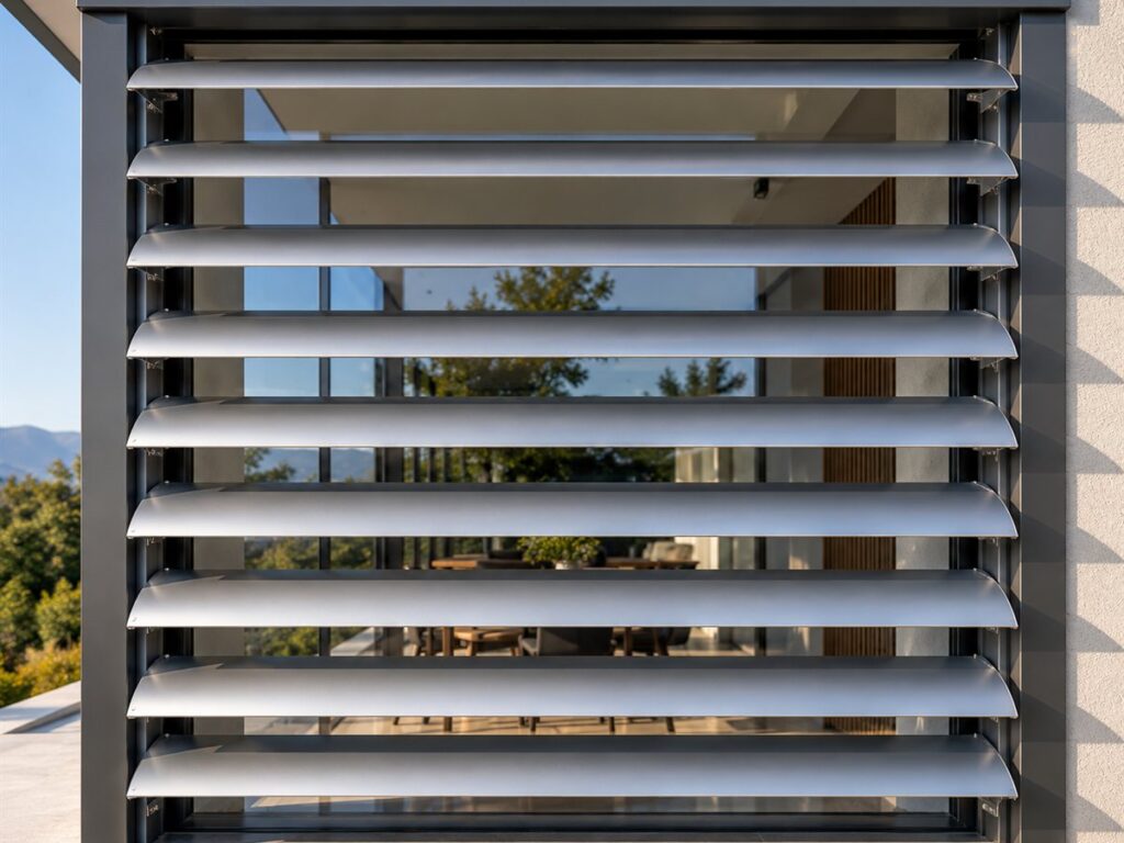 Adjustable aluminium solar shading louvres, fitted in front of a glazed area