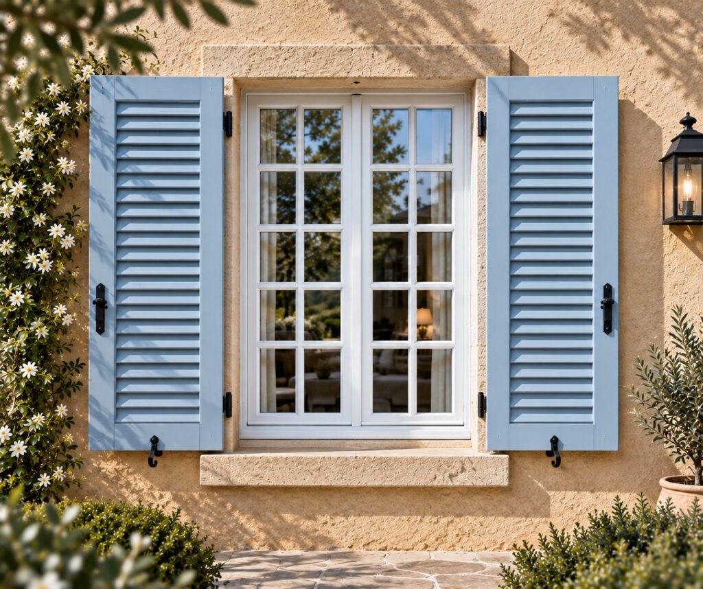Louvred timber shutters, in light blue, with black hardware, on a timber window with glazing bars