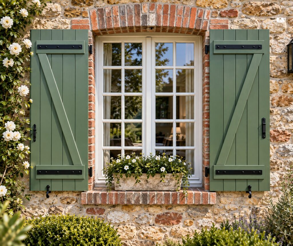 Solid-panel timber shutters, in green, with black wrought-iron hardware, on a timber window with glazing bars