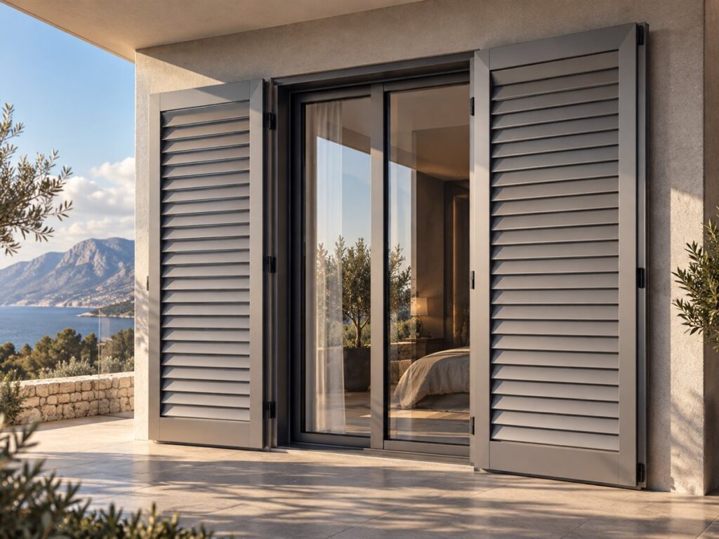 Aluminium mallorquina louvred shutters, fitted beside a sliding door