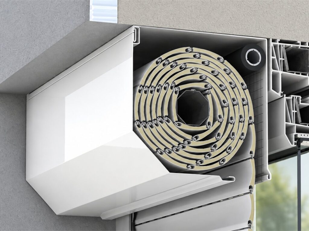 Section through an external roller shutter with a headbox surface-mounted over the joinery, the slat curtain coiled on the barrel