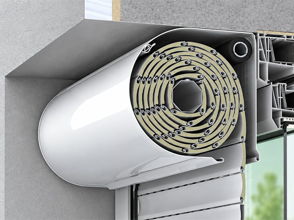 Section through an external roller shutter with a surface-mounted headbox with a rounded face