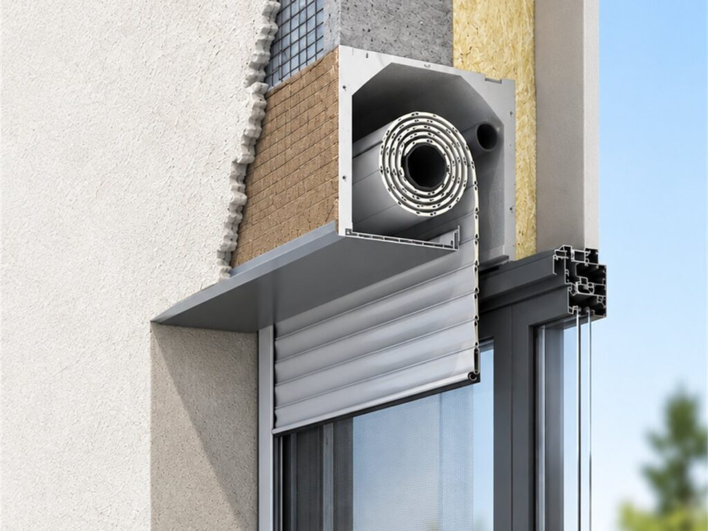 Section through an external roller shutter with the headbox concealed in the insulation layer, above an aluminium window
