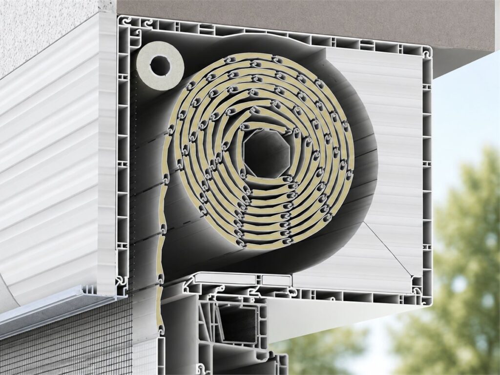 Section through an external roller shutter with the headbox sitting over the window frame, clad in external insulation