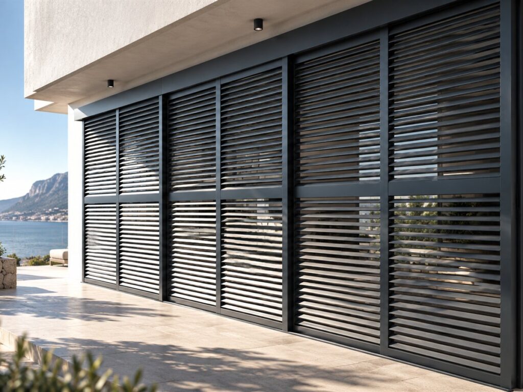 Tamiz sliding panels with aluminium louvres, on a covered terrace