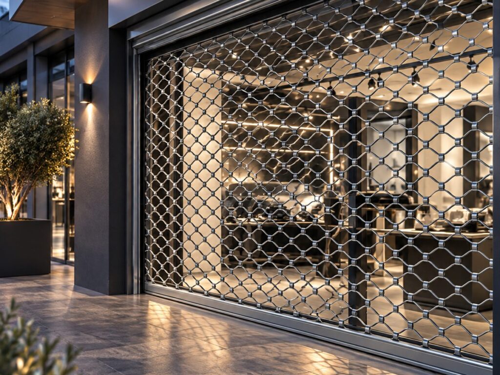 Ornamental security grille lowered over a shop window