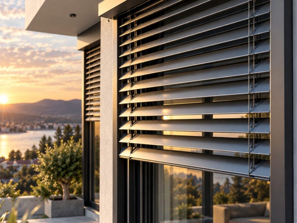 External aluminium venetian blinds with tilted slats, on a large window at sunset