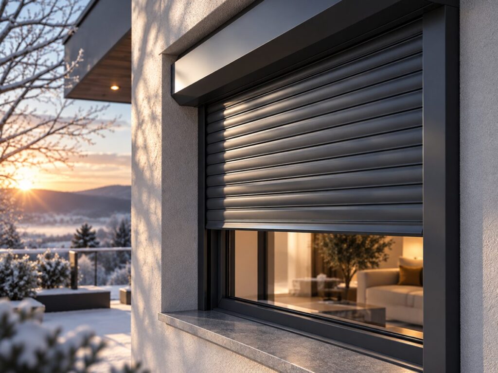 Aluminium roller shutter half lowered over a window, in winter