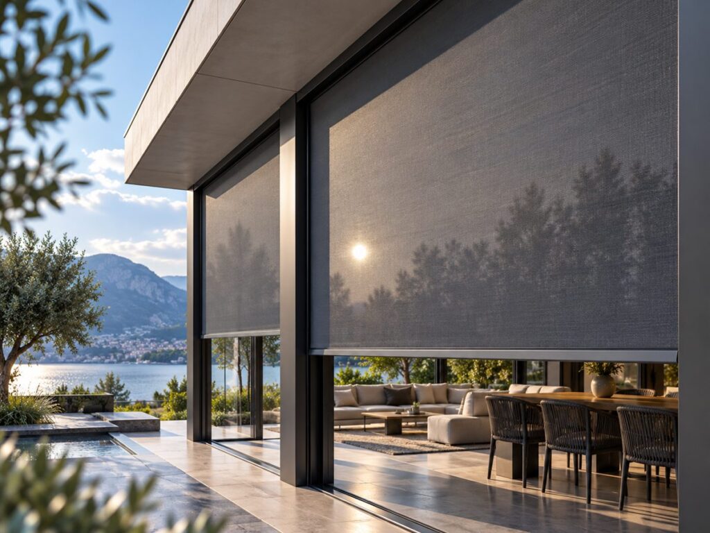 Zipscreen blinds lowered over two large glazed openings, in grey fabric